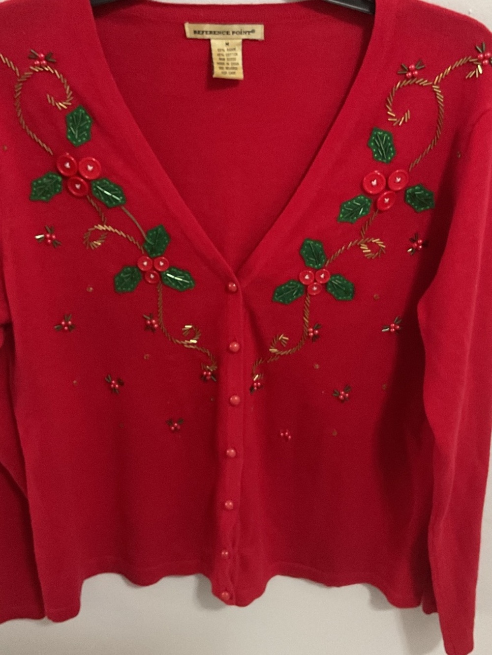 VTG Reference Point Beaded V-neck Cardigan Holiday Sweater, MED